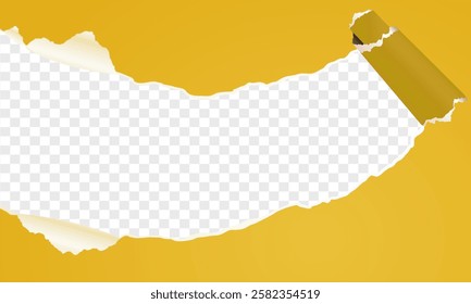 Yellow Ripped Paper Isolated Transparent Background, Paper banner with torn hole and rolled edge. Realistic vector illustration of ripped and folded strip or piece of notepad or cardboard page sheet.