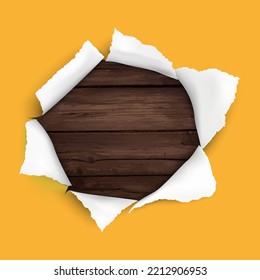 Yellow Ripped Paper Isolated wooden Background, Vector Illustration with place for your image or text.
