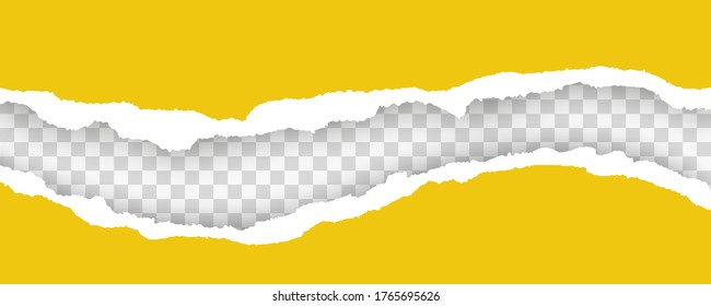 Yellow ripped paper strips realistic. Torn paper on transparent background. Seamless horizontally Vector illustaration