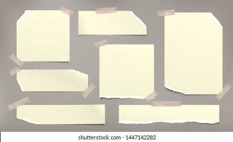 Yellow ripped, torn note, notebook paper strips stuck with sticky tape on brown background. Vector illustration