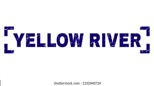 YELLOW RIVER caption seal stamp with corroded style. Text caption is placed inside corners. Blue vector rubber print of YELLOW RIVER with corroded texture.
