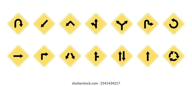 Yellow road arrow signs. Highway warning symbols, navigation and direction for street or trail. Straight right left turning pointers, recent vector set