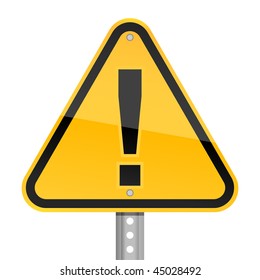 Yellow Road Hazard Warning Sign With Exclamation Mark Symbol On A White Background