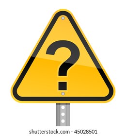 Yellow road hazard warning sign with question mark symbol on a white background