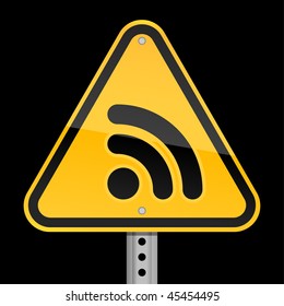 Yellow road hazard warning sign with RSS symbol on a black background