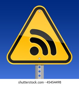 Yellow road hazard warning sign with RSS symbol on a sky background