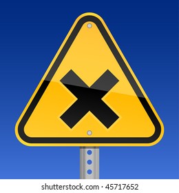 Yellow road hazard warning sign with irritant symbol on a sky background