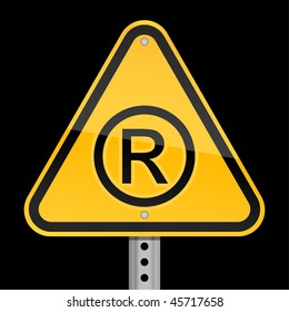 Yellow road hazard warning sign with registered symbol on a black background