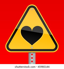 Yellow road hazard warning sign with heart symbol on a red background