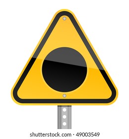 Yellow road hazard warning sign with black hole symbol on white