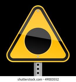 Yellow road hazard warning sign with black hole symbol on black