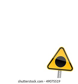 Yellow road hazard warning sign with black hole symbol on white