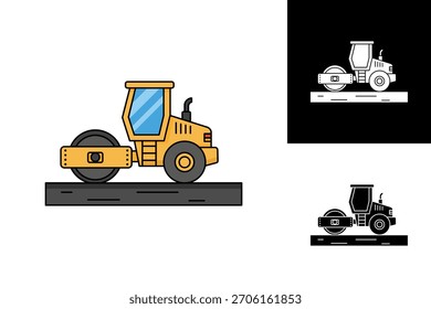 Yellow Road Roller Heavy Construction Equipment Icon for Paving and Roadwork Projects, Modern Industrial Vehicle Design for Infrastructure Development