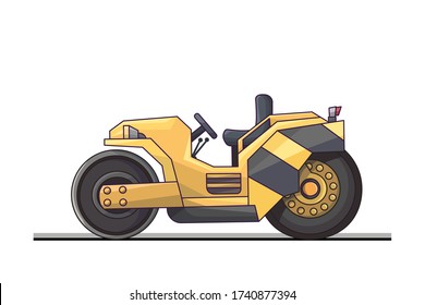 Rodante de carretera amarillo, máquina pesada, ilustración de vector colorido, transporte de construcción compacta, imagen de contorno de dibujos animados aislada en fondo blanco
