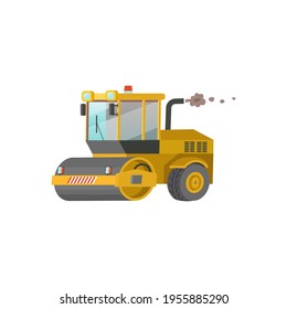 Yellow road roller isolated on white background. Construction machinery flat vector illustration.