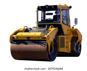 Yellow road roller isolated on white background. Realistic vector illustration for business and industry.