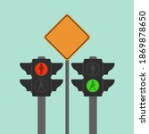 yellow road safety. slow warning sign street diamond isolated. two red or green traffic lights icons flat design cartoon. regulation roadsign for pedestrian. stop keep walking symbol. people crossing