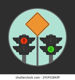 yellow road safety. slow warning sign street diamond isolated. two red or green traffic lights icons flat design cartoon. regulation roadsign for pedestrian. stop keep walking symbol. people crossing