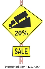 Yellow road sign with 20% discount message and sale alert