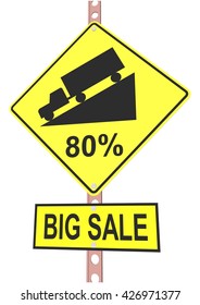 Yellow road sign with 80% discount message and sale alert