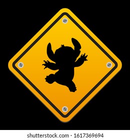 Yellow road sign with alien animal. Vector illustration on black background