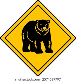 Yellow Road Sign Bear. Vector Icon. Road Sign Warning Animals Crossing The Road. Zoo Sticker