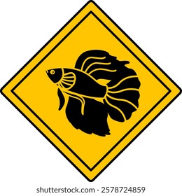 Yellow Road Sign Beta Fish. Vector Icon. Road Sign Warning About Marine Animals. Zoo Sticker