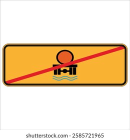 Yellow road sign with black frame and red diagonal bar prohibiting water pollution from industrial waste discharge.