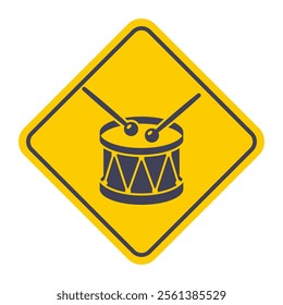 yellow road sign black icon musical instrument drum. sounds of beating