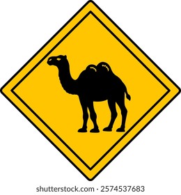 Yellow Road Sign Camel. Vector Icon. Road Sign Warning Animals Crossing The Road. Zoo Sticker