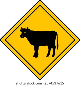 Yellow Road Sign Cow. Vector Icon. Road Sign Warning Animals Crossing Road. Farm, Cattle. Sticker for Zoo