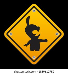 Yellow road sign with crazy rabbit. Vector illustration on black background