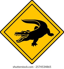 Yellow Road Sign Crocodile. Vector Icon. Alligator, Caiman. Road Sign Warning about Crossing the Road by Animals. Sticker for Zoo