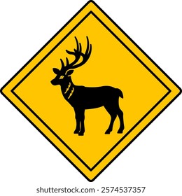 Yellow Road Sign Deer. Vector Icon. Road Sign Warning about Crossing the Road by Animals. Sticker for Zoo