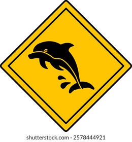 Yellow Road Sign Dolphin. Vector Icon. Fish. Road Sign Warning about Animals. Zoo Sticker