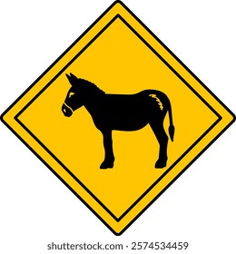 Yellow Road Sign Donkey. Vector Icon. Road Sign Warning about Crossing the Road by Animals. Sticker for Zoo