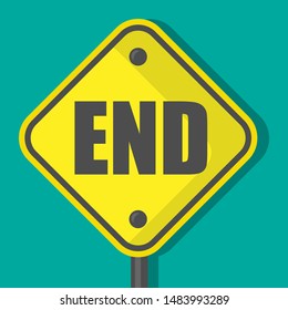 yellow road sign with end text. flat design.isolated on green background.vector illustration