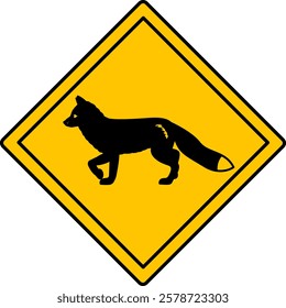 Yellow Road Sign Fox. Vector Icon. Road Sign Warning about Crossing the Road by Animals. Sticker for Zoo