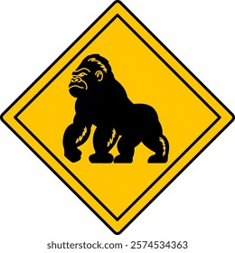 Yellow Road Sign Gorilla. Vector Icon. Monkey. Road Sign Warning about Crossing the Road by Animals. Sticker for Zoo