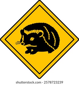 Yellow Road Sign Hedgehog. Vector Icon. Road Sign Warning about Crossing the Road by Animals. Sticker for Zoo