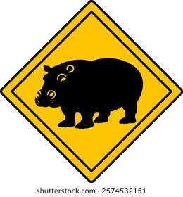 Yellow Road Sign Hippopotamus. Vector Icon. Hippopotamus. Road Sign Warning about Crossing the Road by Animals. Sticker for Zoo