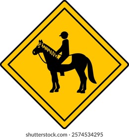 Yellow Road Sign Horse Rider. Vector Icon. Road Sign Warning about Crossing the Road Race Horse with Jockey. Sticker