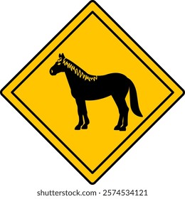 Yellow Road Sign Horse. Vector Icon. Road Sign Warning about Crossing the Road Animals. Sticker for Zoo