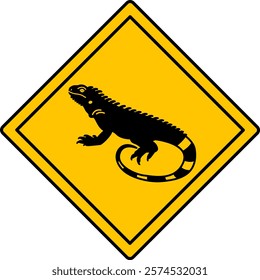 Yellow Road Sign Iguana. Vector Icon. Reptile, Lizard. Road Sign Warning Animals Crossing the Road. Zoo Sticker