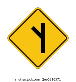 Yellow Road Sign Indicating a Split in Two Directions Ahead