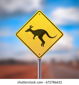 Yellow road sign with kangaroo icon on blurred background vector illustration