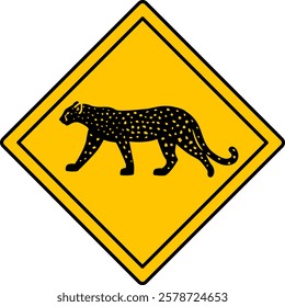 Yellow Road Sign Leopard. Vector Icon. Wild Cat, Predator. Road Sign Warning Animals Crossing the Road. Zoo Sticker