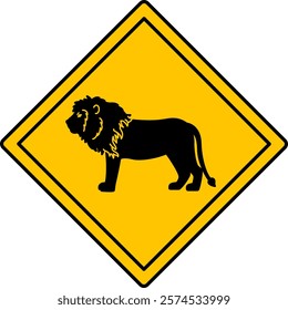 Yellow Road Sign Lion. Vector Icon. Wild Cat. Road Sign Warning about Crossing the Road by Animals. Sticker for Zoo