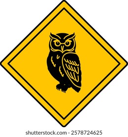 Yellow Road Sign Owl. Vector Icon. Bird. Road Sign Warning Animals Crossing the Road. Zoo Sticker