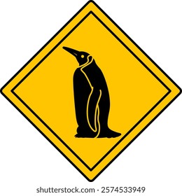 Yellow Road Sign Penguin. Vector Icon. Bird. Road Sign Warning about Crossing the Road by Animals. Sticker for Zoo